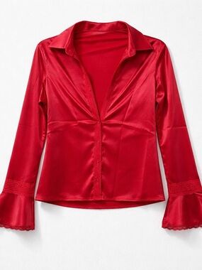 Women’s Red Satin Three Button Half Open Blouse with Lace Trim Size S